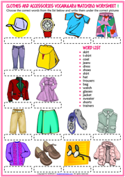 Clothes and Accessories ESL Matching Exercise Worksheets