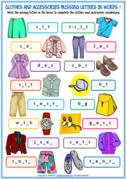 Clothes and Accessories Missing Letters In Words Worksheets