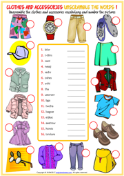 Clothes and Accessories Unscramble the Words Worksheets