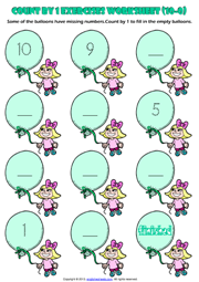 Counting Backwards by 1 from 10 to 0 Exercises Worksheet 