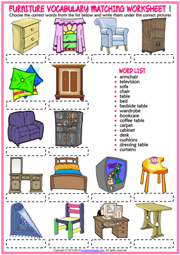 Furniture Vocabulary ESL Matching Exercise Worksheets