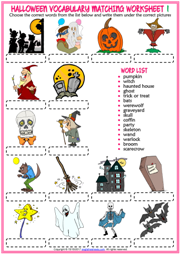 Halloween ESL Vocabulary Matching Exercise Worksheets