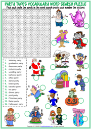 Party Types ESL Printable Word Search Puzzle Worksheet