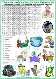 Places in a House ESL Word Search Puzzle Worksheet