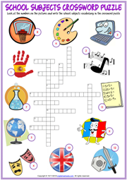 School Subjects ESL Printable Crossword Puzzle Worksheet