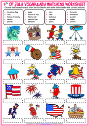 4th of July ESL Matching Exercise Worksheet For Kids