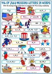 4th of July ESL Missing Letters In Words Worksheet