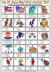 4th of July ESL Printable Multiple Choice Test For Kids