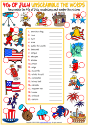4th of July ESL Unscramble the Words Worksheet