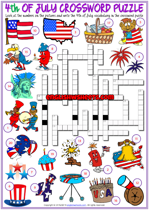 4th Of July Esl Crossword Puzzle Worksheet For Kids
