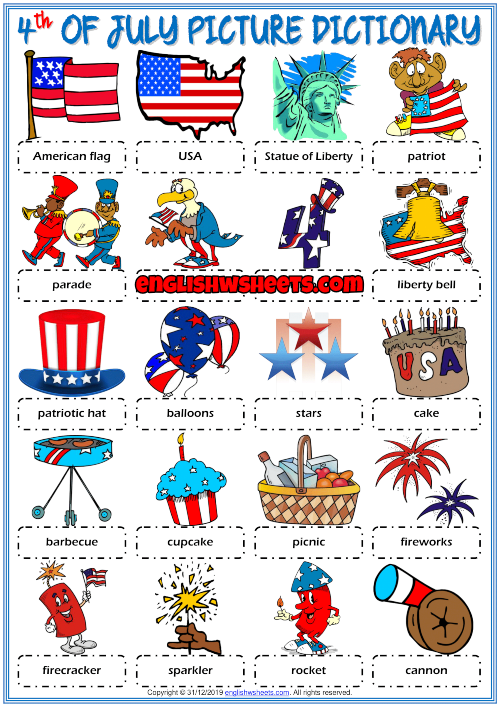 4th of July ESL Picture Dictionary Worksheet For Kids