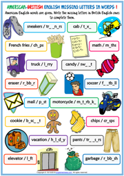 American British English Missing Letters In Words Worksheets