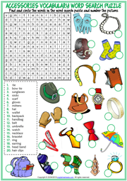 Accessories ESL Word Search Puzzle Worksheet For Kids