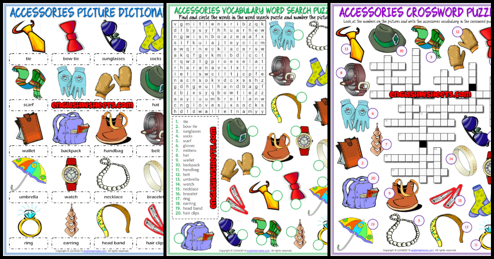 perle Gurgle spiller Accessories ESL Vocabulary Worksheets