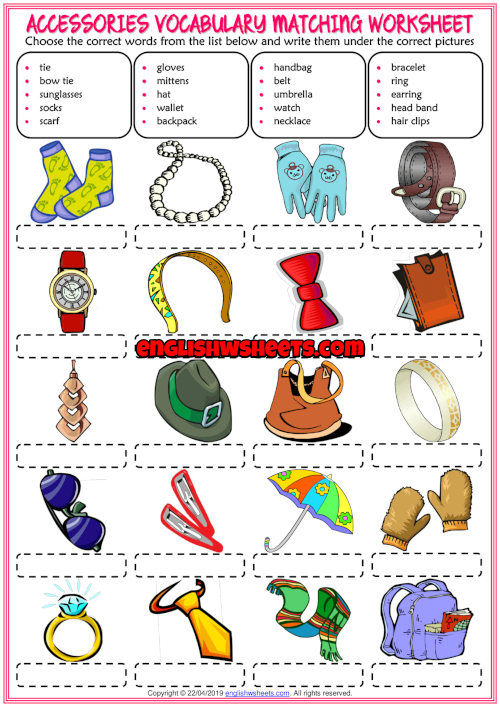 Accessories ESL Vocabulary Matching Exercise Worksheet