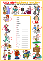 Action Verbs Unscramble the Words ESL Worksheets for Kids