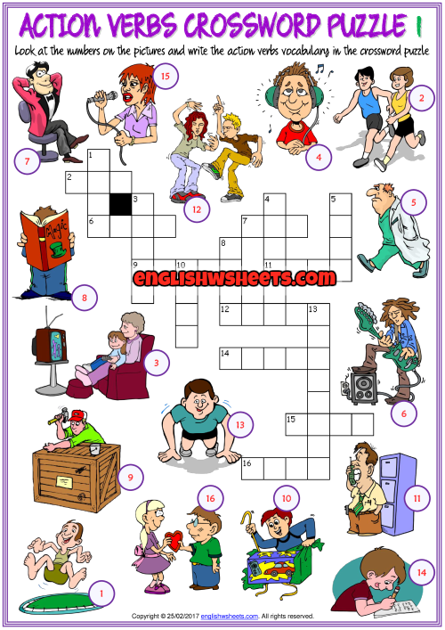 Action Verbs ESL Crossword Puzzle Worksheets for Kids