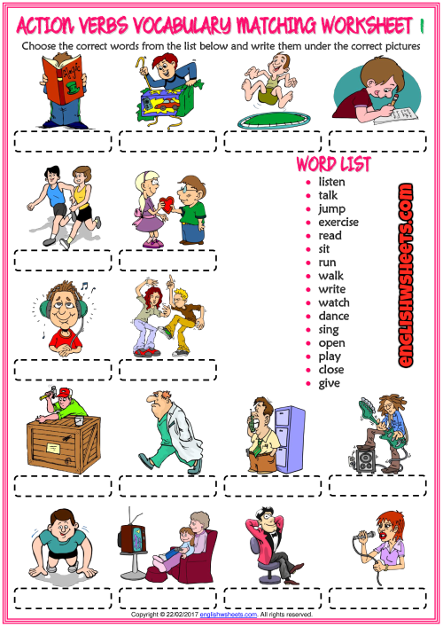 Action Verbs ESL Vocabulary Matching Exercise Worksheets