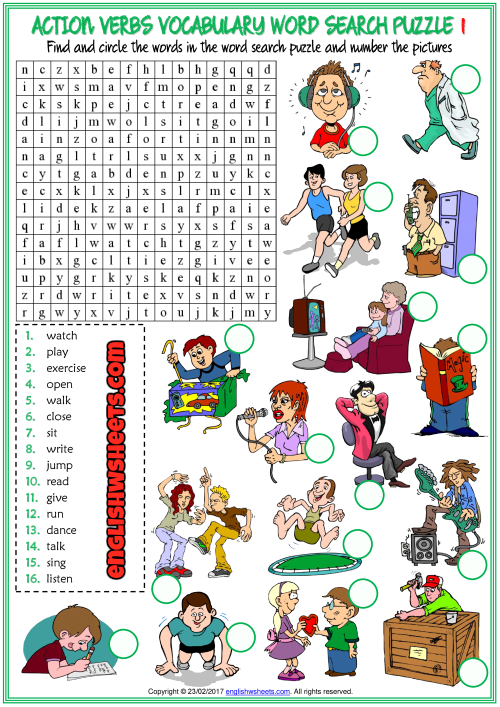 Action Verbs Word Search Worksheets