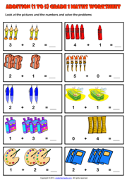 Easy Picture Addition Maths Exercise Worksheet for Grade 1