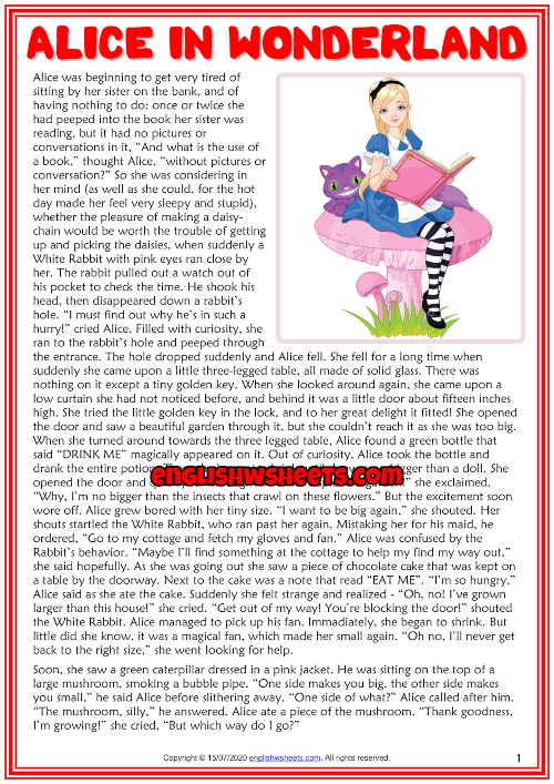 Alice in Wonderland ESL Reading Text Worksheet For Kids