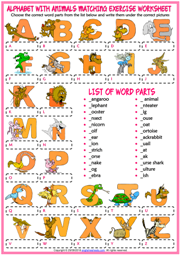 Alphabet with Animals ESL Matching Exercise Worksheet