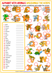 Alphabet with Animals Unscramble the Words ESL Worksheet