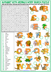 Alphabet with Animals ESL Word Search Puzzle Worksheet