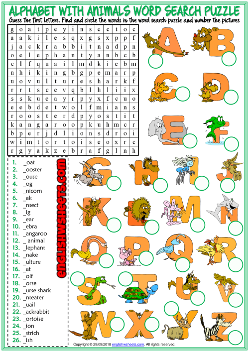 alphabet with animals esl word search puzzle worksheet
