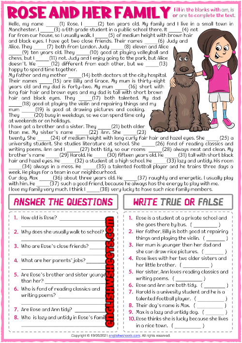 am is are esl reading comprehension questions worksheet