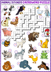 Animal Sounds ESL Printable Crossword Puzzle Worksheet