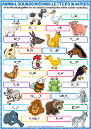 Animal Sounds ESL Missing Letters In Words Exercise Worksheet