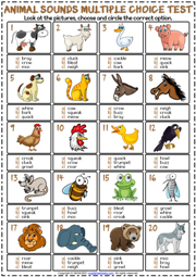 Animal Sounds ESL Printable Multiple Choice Test For Kids