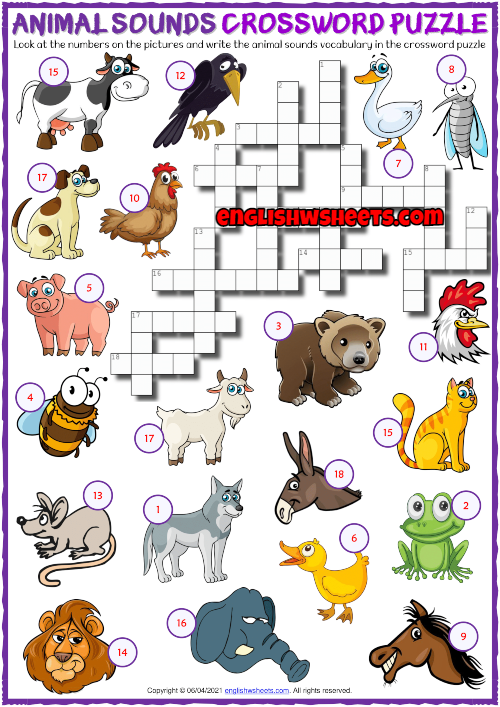 Animal Sounds ESL Printable Crossword Puzzle Worksheet