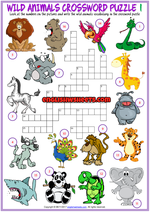 Animals ESL Printable Crossword Puzzle Worksheets
