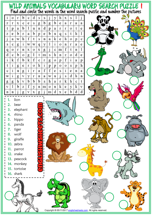 Animals ESL Printable Word Search Puzzle Worksheets