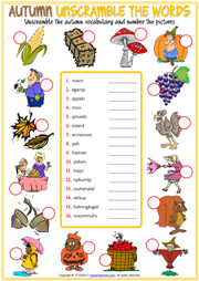 Autumn Unscramble the Words ESL Printable Worksheet