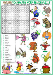 Autumn Word Search Puzzle ESL Printable Worksheet