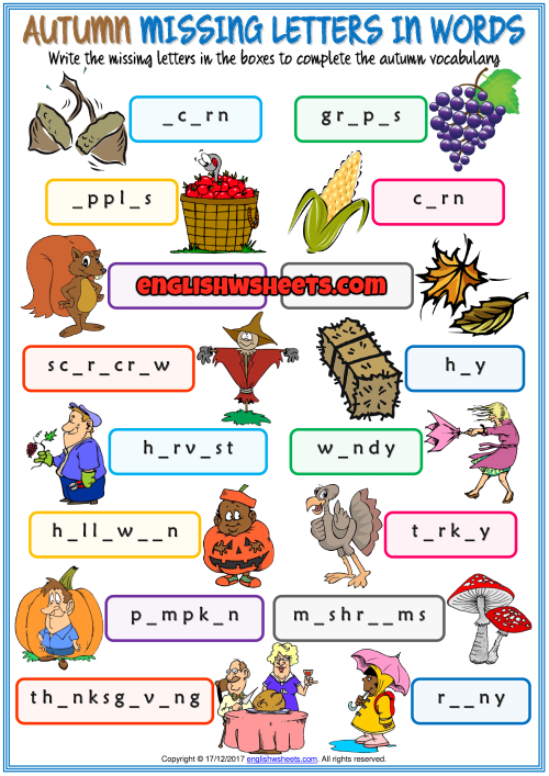 Autumn ESL Missing Letters In Words Exercise Worksheet