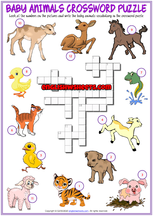 Baby Animals ESL Printable Crossword Puzzle Worksheet