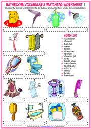 Bathroom Objects ESL Matching Exercise Worksheets