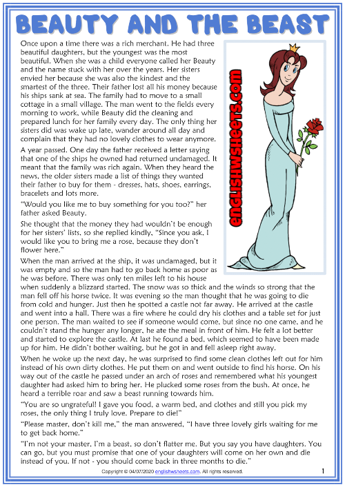 Beauty and the Beast ESL Reading Text Worksheet For Kids