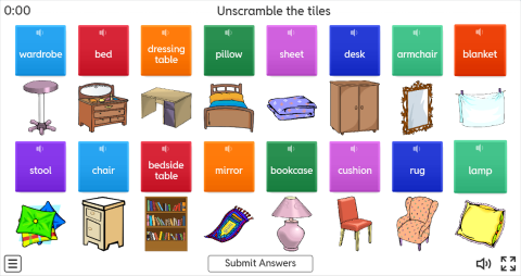 Bedroom Objects ESL Interactive Unscramble Worksheet