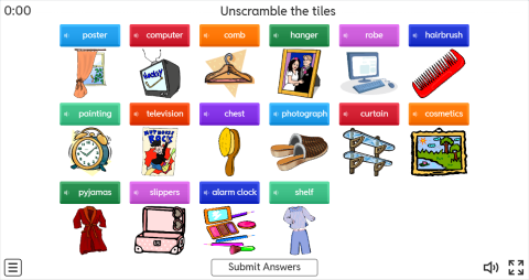Bedroom Objects ESL Interactive Unscramble Worksheet