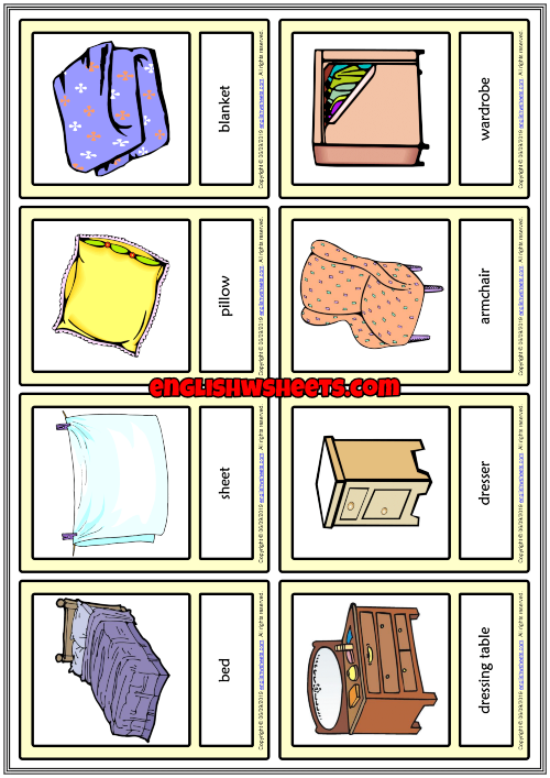 Bedroom Objects ESL Printable Vocabulary Learning Cards