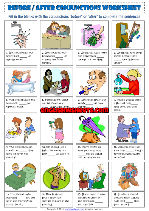 Before And After Conjunctions ESL Exercise Handout For Kids