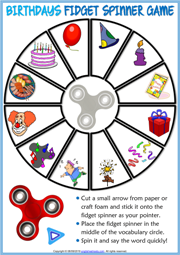 Birthdays ESL Printable Fidget Spinner Game For Kids