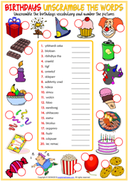 Birthdays ESL Printable Unscramble the Words Worksheet
