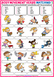 Body Movement Verbs ESL Matching Exercise Worksheets