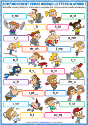 Body Movement Verbs ESL Missing Letters In Words Worksheets